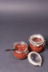 Chutney from rhubarb. Delicious food, traditional seasonal sauce