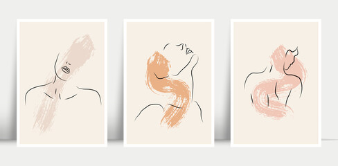 women body wall art vector set. boho earth tone line art drawing with abstract shape. Brush stroke. Abstract Plant Art design for print, cover, wallpaper, Minimal and natural wall art.