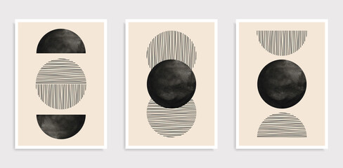 Set of abstract creative minimalist artistic hand drawn compositions. 20s geometric design posters with primitive shapes. Ideal for wall decoration, as postcard or brochure design, vector illustration