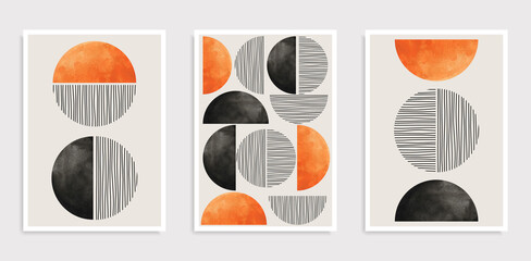 Set of abstract creative minimalist artistic hand drawn compositions. 20s geometric design posters with primitive shapes. Ideal for wall decoration, as postcard or brochure design, vector illustration