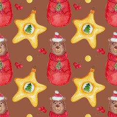 Christmas watercolor seamless pattern, bear in a red sweater, Christmas tree star toy, colorful pattern