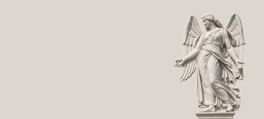 Banner with a beautiful angel as a bas relief wall sculpture, details, closeup, with copy space...