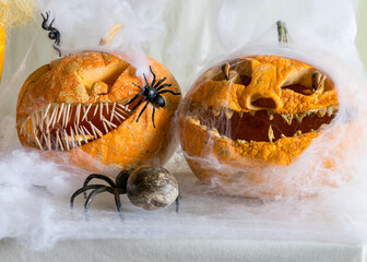 carved pumpkin with a scary smile, spiders, white cobweb background, decoration and holiday...