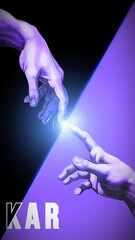 two hands reach out to each other, a light appears, a black-and-blue background behind, the painting "The Creation of Adam"