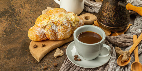 Coffee and croissant, good morning and breakfast concept