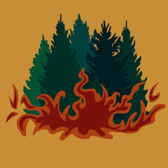 Forest fire in forest or park illustration poster ore banner. Burning forest spruces in fire flames, nature disaster concept illustration background, poster danger, careful with fires