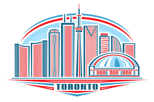 recommend clip art: Vector illustration of Toronto, horizontal poster with linear design famous toronto city scape on day sky background, urban line art concept with decorative lettering for blue word toronto on white.