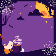 Halloween social media post template design. Vector illustration concept of cute ghost and spiderweb at midnight with moonlight and stars. Can be used for social media posts, banners, cards and web