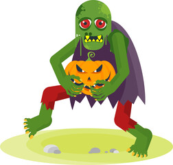 Green zombie with red eyes hold pumpkin.