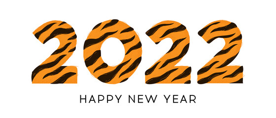 2022 Happy New Year number design with striped tiger fur texture pattern. Vector illustration of 2022 in cartoon tiger style isolated on white background. Date concept of chinese new year of tiger.