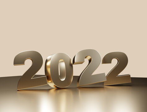 3d render 2022 illustration. Happy New Year 2022 text design.gold metallic sign and text letter. Celebrate party 2022 on a white background. New Year 2022 Banner