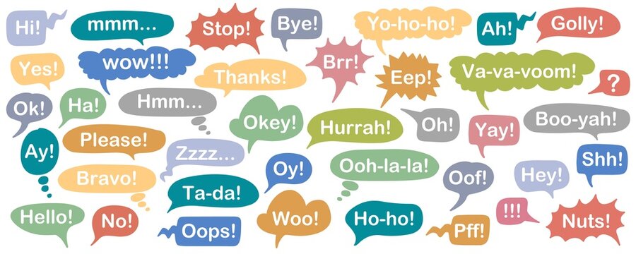 Set of speech bubbles with exclamations isolated on white background. White words on colored bubbles. Emotions of joy, relief, admiration. surprise, sarcasm, boredom, irritation. Vector.