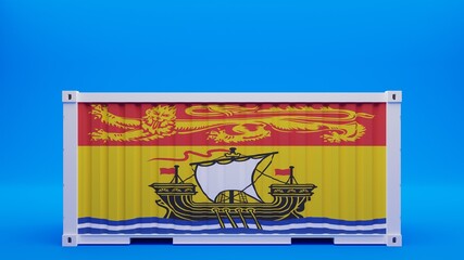 Side View Shipping Container on Blue Background with the Flag of New Brunswick