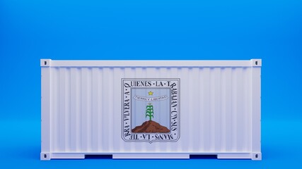 Side View Shipping Container on Blue Background with the Flag of Morelos