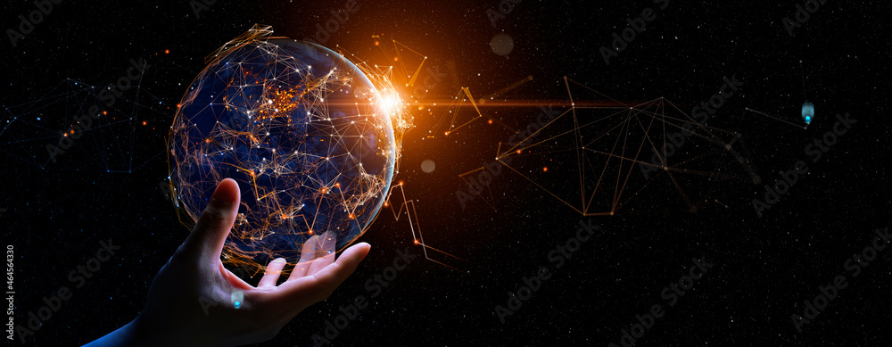 Leinwandbilder businessman hand holding night grow earth and innovation global virtual online networking connection