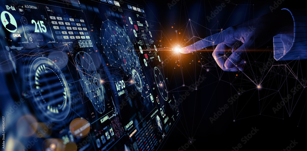 Poster Business hand working with innovation dashboard cryptocurrency and Ai conputer virtual interface and AR technology concept.