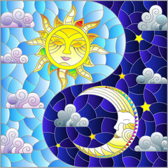 Fototapeta premium Illustration in stained glass style , abstract sun and moon in the sky, rectangular image