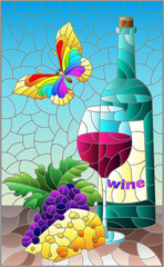 An illustration in the style of a stained glass window with a still life with a bottle of wine, cheese and grapes, a still life on a blue background, a rectangular image