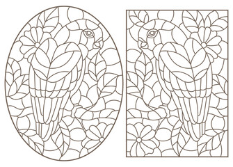 Set of contour illustrations of stained glass Windows with parrots and flowers, dark outlines on a white background