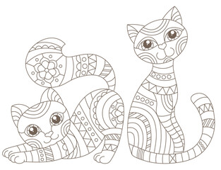 Set of stained glass contour elements with rainbow cats , isolated outline images on white background