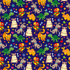 Seamless pattern with cute Pets, bright animals on blue background