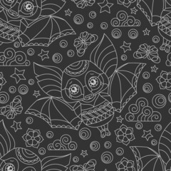 Seamless illustration with light contour cartoon bats, flowers and stars, outline animals on a dark background