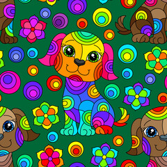Seamless pattern with bright cartoon dogs and flowers in stained glass style on a green background