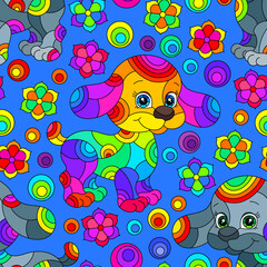 Fototapeta na wymiar Seamless pattern with bright cartoon dogs and flowers in stained glass style on a blue background