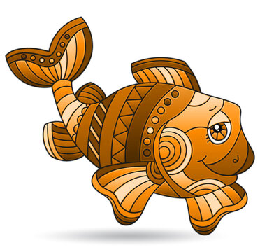 Illustration with a stained glass element, a brown cartoon fish isolated on a white background