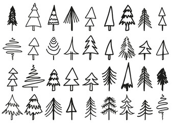 Obraz premium Doodle christmas tree collection. Hand drawn, vector fir tree bundle.