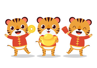 Happy Chinese new year 2022 poster. Happy Chinese new year greeting card 2022 with cute tiger. Tiger character design.