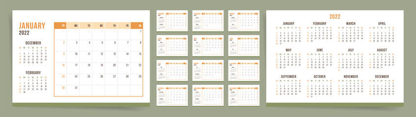 Calendar template for 2022 year. Week starts on Sunday. Desktop planner in minimal asian style. Corporate or business calendar. 2022 calendar in minimalist oriental style for. English vector calendar. - obrazy, fototapety, plakaty