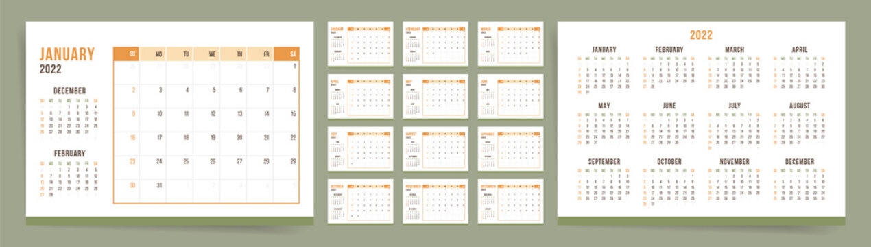 Calendar template for 2022 year. Week starts on Sunday. Desktop planner in minimal asian style. Corporate or business calendar. 2022 calendar in minimalist oriental style for. English vector calendar.