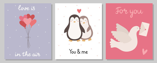 A set of cute postcards. Balloons hearts, a pair of penguins, a carrier pigeon with an envelope. Happy Valentine's Day. Vector illustration