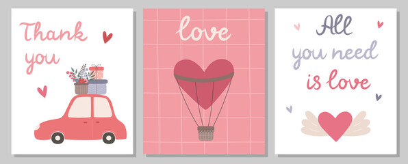 Fototapeta na wymiar A set of cute postcards. Red car with gifts, balloon heart, lettering. The concept of love and Valentine's Day. Vector illustration is suitable for cards, greeting cards, invitations, posters
