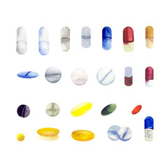 Watercolor illustration of pills isolated on white background.