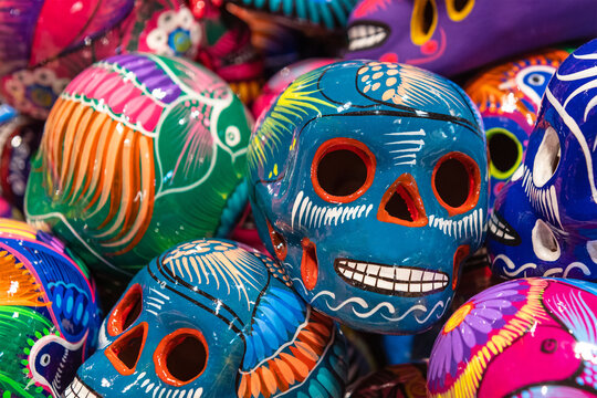Colorful decoration skull ceramic of death symbol in the market, day of the dead, Mexico city, Mexico.