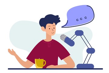 Podcast concept. An illustration about the podcast. A girl talking into a microphone and sitting at a table. Flat vector in a fashionable style.