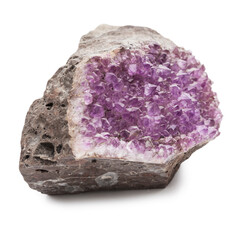 Fototapeta premium Crystals of lilac amethyst on a fracture of brown stone. Semiprecious stone