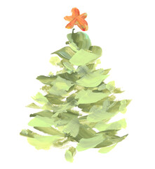 Green Christmas tree spruce. Art Watercolor and Acrylic smear blot. Abstract texture color stain on white background.