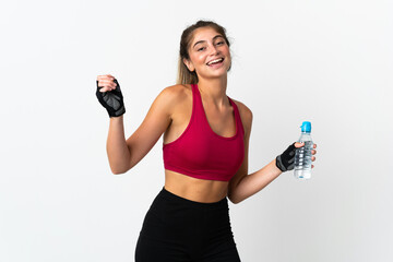 Young caucasian woman isolated on white background with sports water bottle