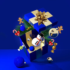 3d render,  blue background with Christmas ornaments and gifts. Abstract winter holiday horizontal banner