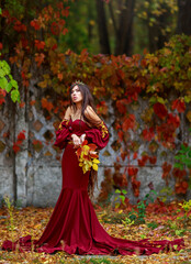 Obraz na płótnie Canvas Young lady in luxurious long burgundy dress with crown on her head in colorful autumn park