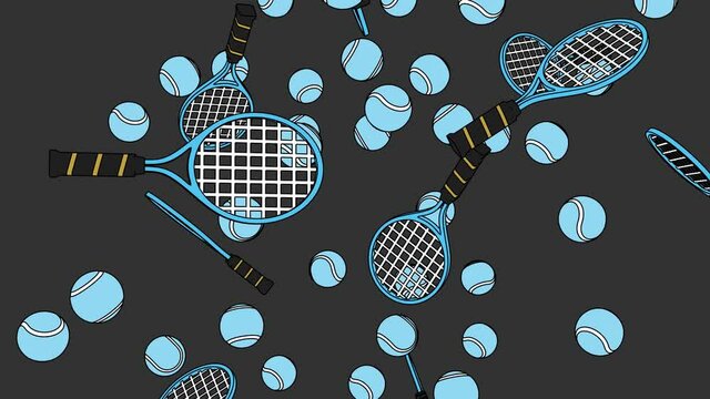 Toon style pale blue tennis balls and tennis rackets on gray background.
Loopable animation for background.
