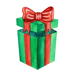 Green gift box with red ribbon for a holiday painted in watercolor. Present for the new year, christmas, birthday.