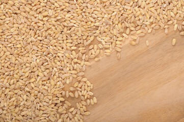 pile of raw barley, natural grain on wooden background,  cereal backdrop, brown yellow beige colour, textured backgrounds,