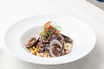 Black ceviche with shell, very typical in Peru. on white plate.
