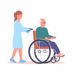 Elderly people support. Vector illustration of senior man in a wheelchair and a nurse helping him. Isolated on white.