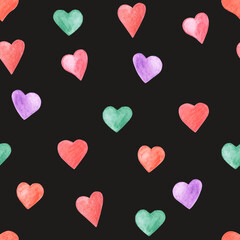 The pattern is seamless with colored hearts drawn with watercolor pencils