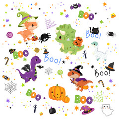 Cute Halloween Background, Cartoon wallpaper for Printable and Digital papers - Halloween Ghost, Bear, Black cat and Pumpkin